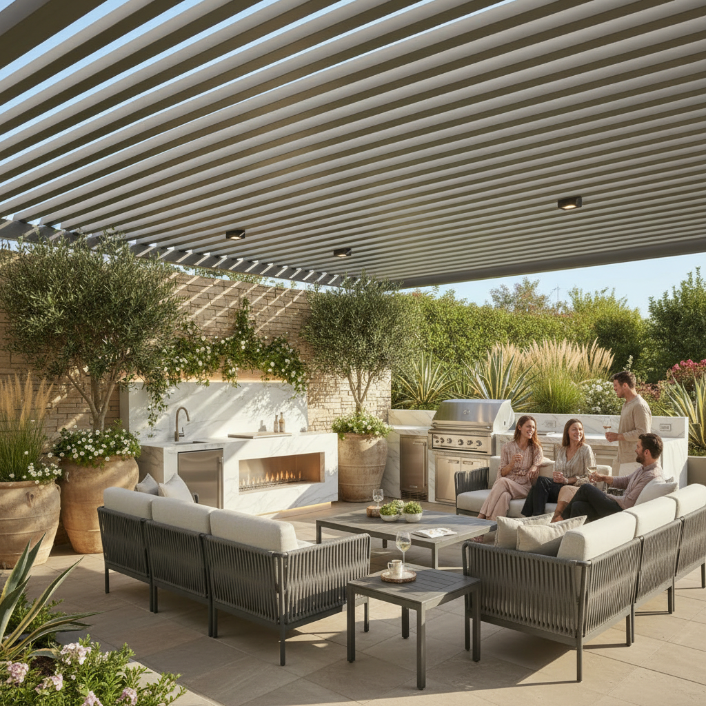 modern patio with luxury furniture and outdoor kitchen