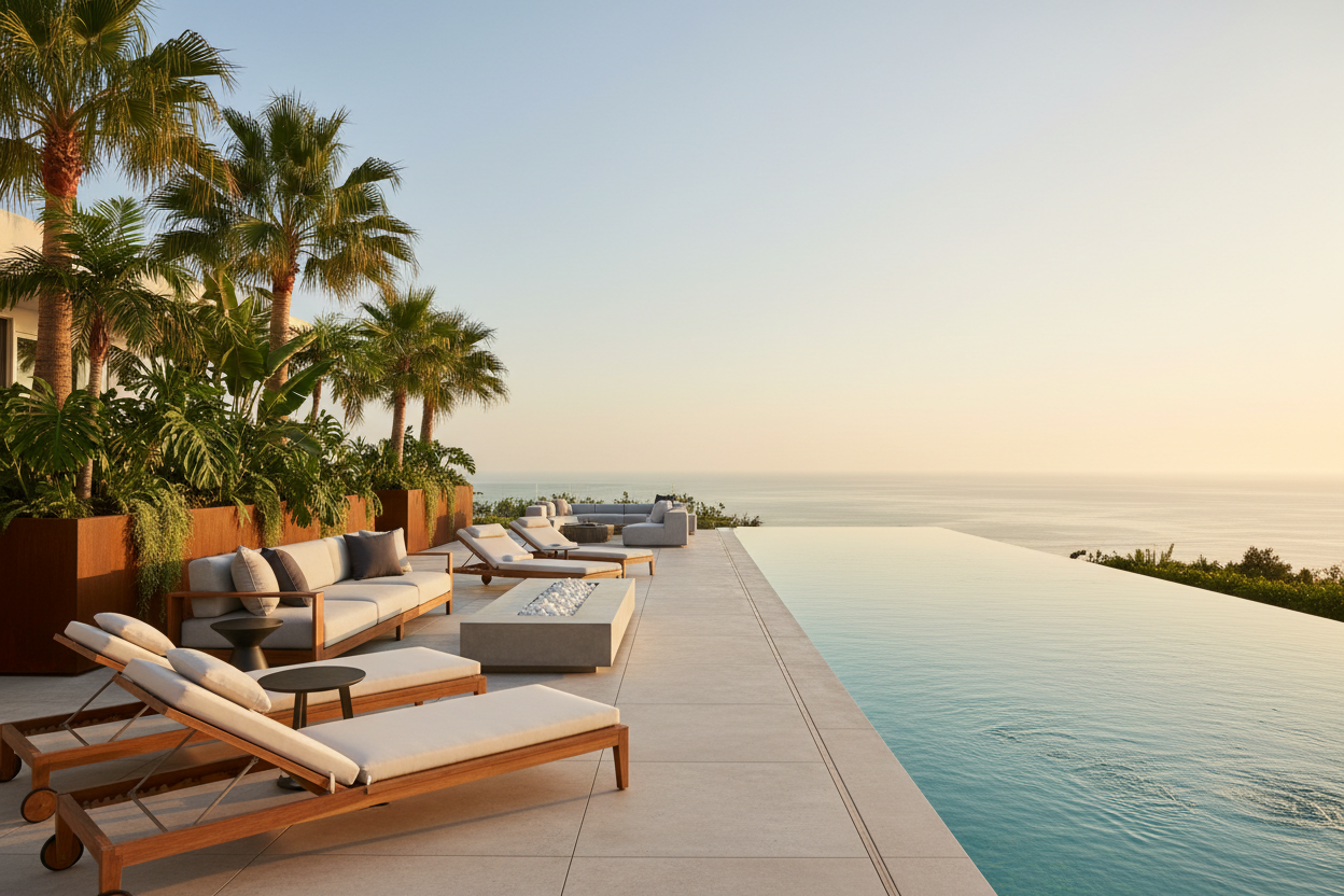 beautiful luxury patio with modern furniture and pool