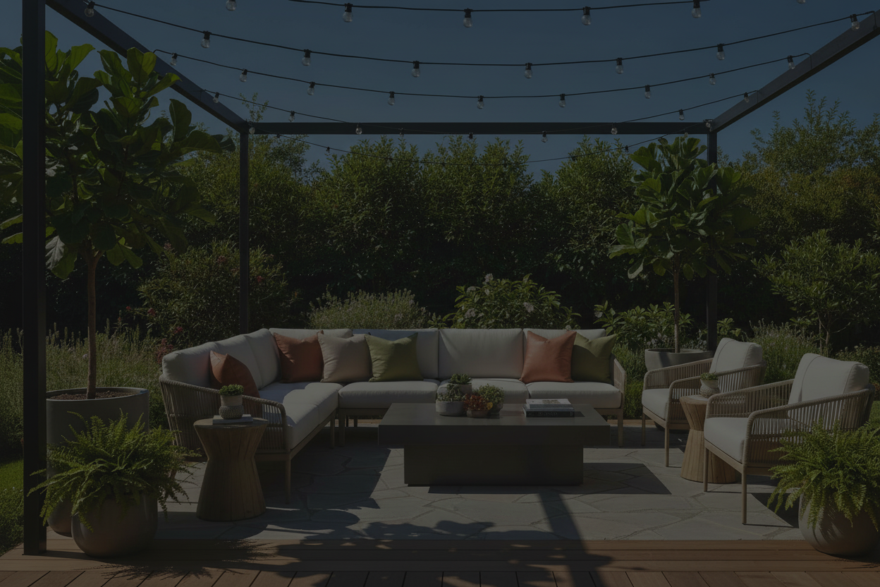 trendy patio furniture in backyard